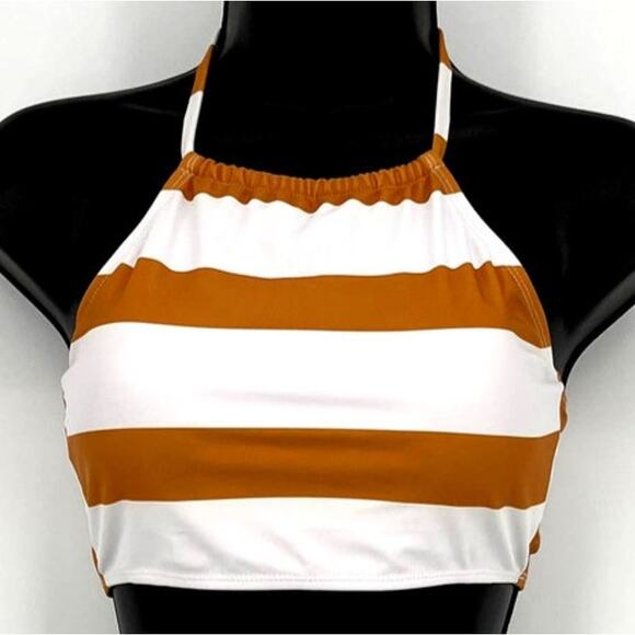 Swimsuit Dark Yellow & White Stripe Print Halter Bikini Top Only Size X-Large - Picture 2 of 6